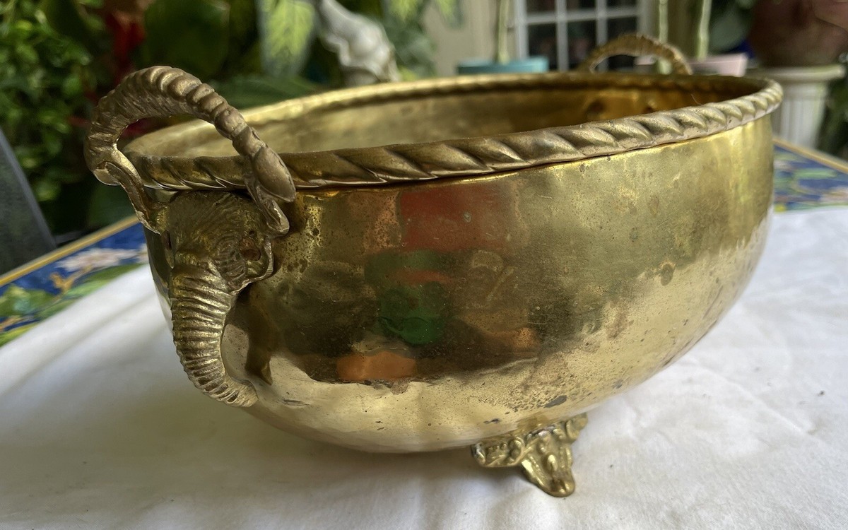 Vintage Hammered Brass Planter With Elephant head Handles With