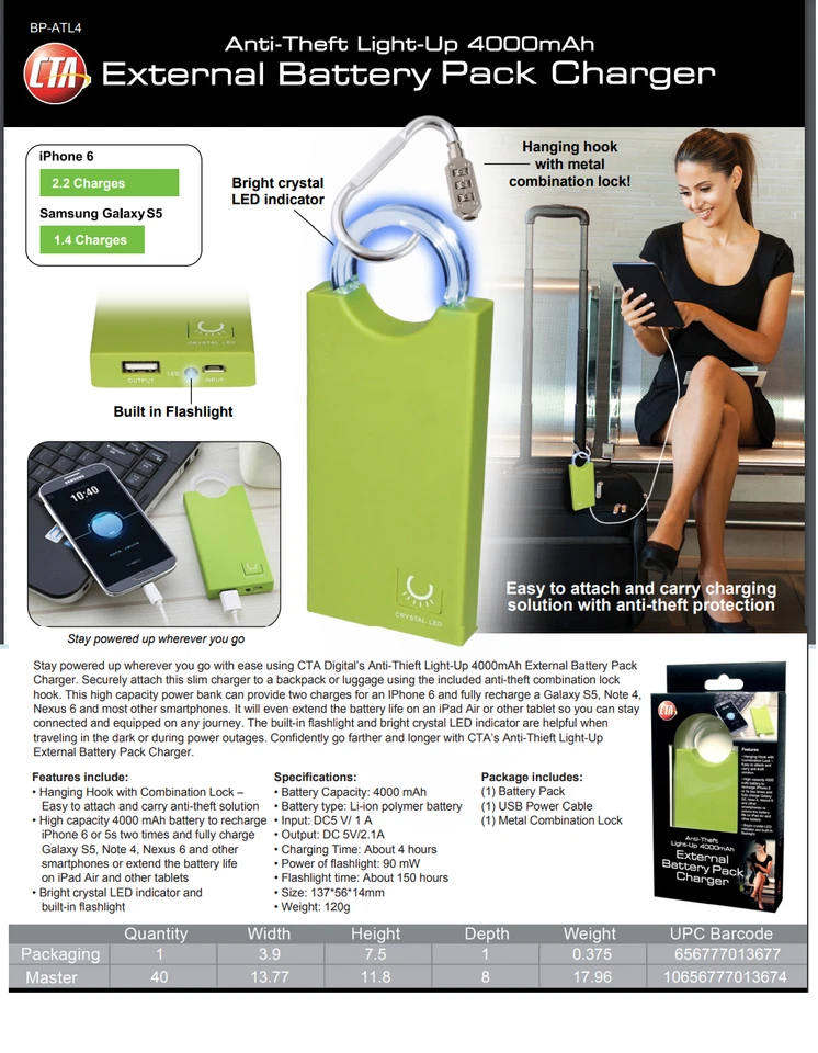Stay Charged and Secure On-the-Go!  4000mAh Green CTA External Battery - Image 4 of 4