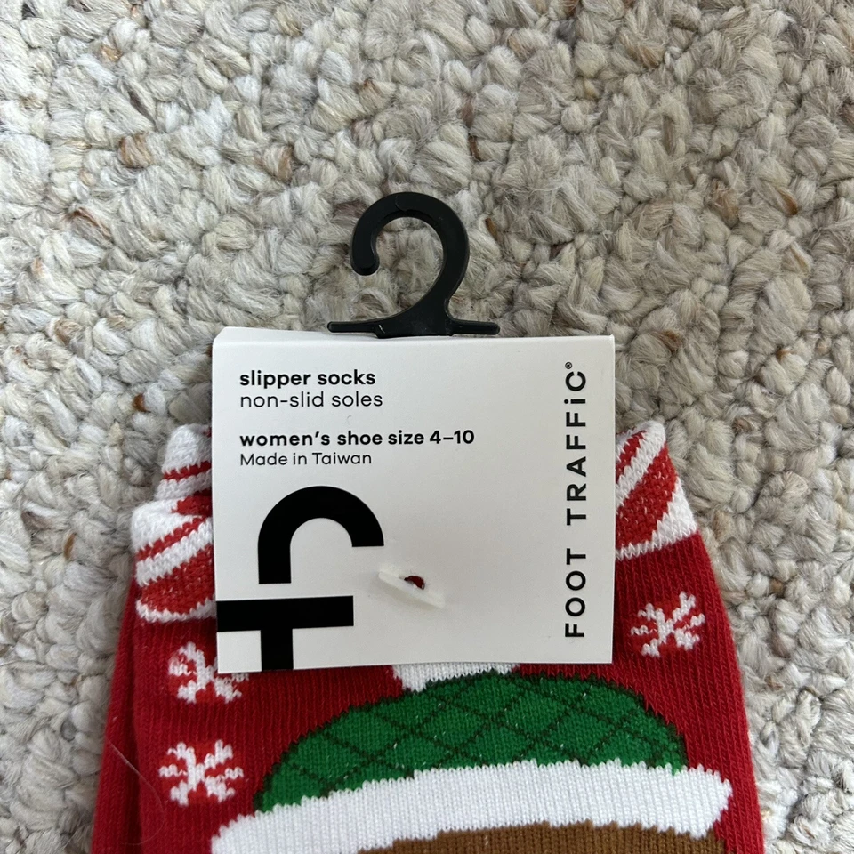 Foot Traffic 全新带标签圣诞拖鞋袜女式 4-10 姜饼男人红色防滑 — 第 3/4 张图片