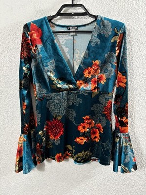 Venus Blouse Womens Small Teal Blue Floral Velvet Bell Sleeve V Neck Boho Top