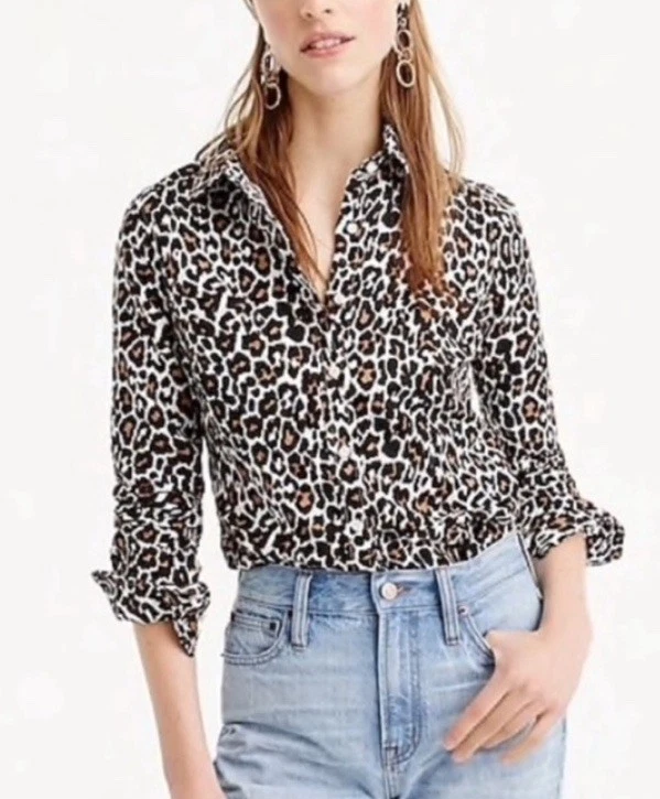 J. Camisa para mujer Crew 14 perfecta mezcla de lino con botones estampado animal leopardo Foto 2 de 4