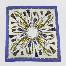 Vintage Silk Scarf Equestrian Tassel Belt Print Blue Gold Hand Rolled 35" Square
