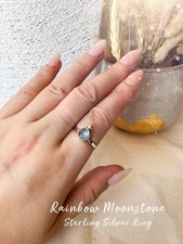 Natural Rainbow Moonstone 925 Sterling Silver Ring Handmade Boho Gift