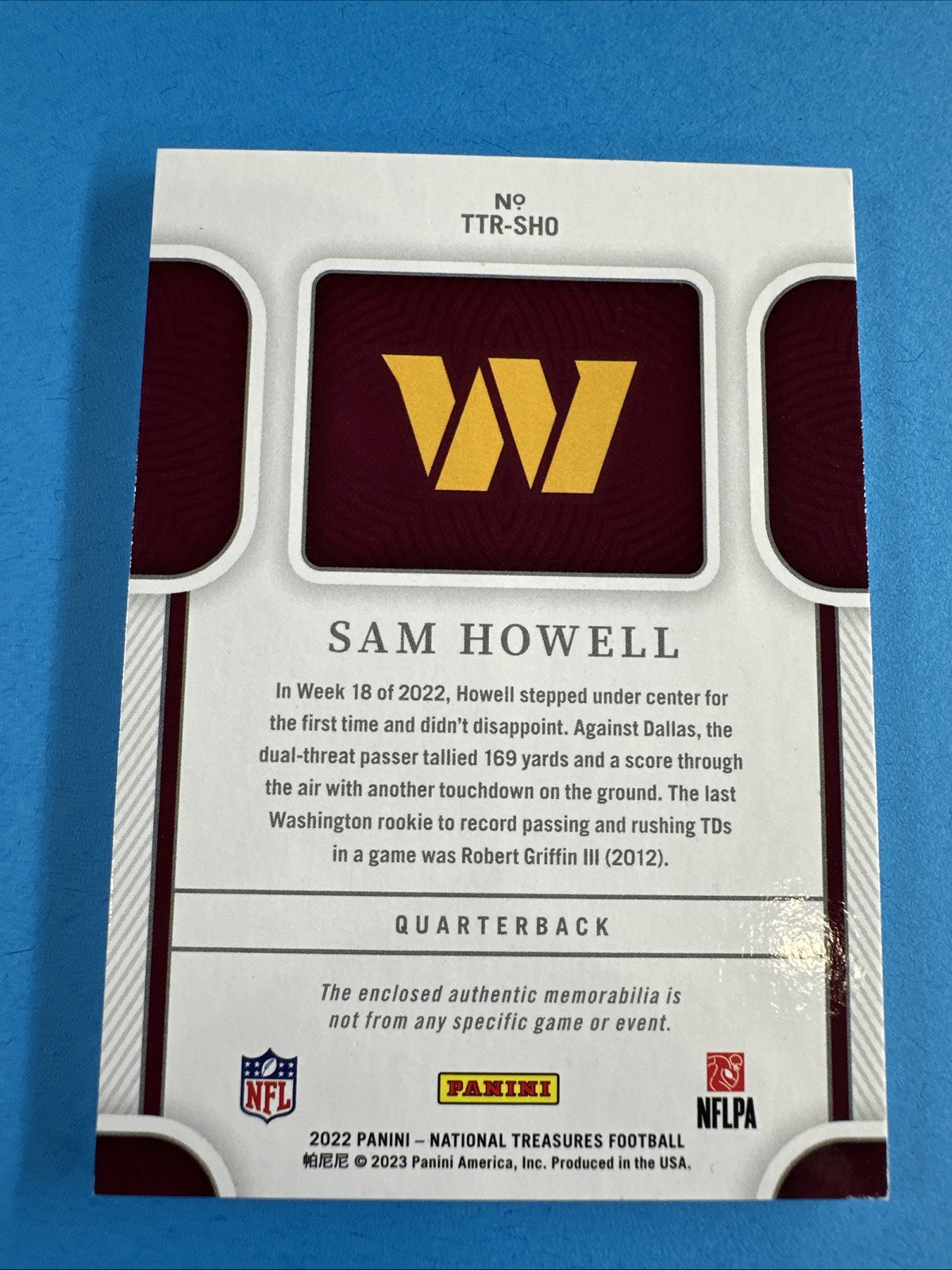 2022 National Treasures 1/1 Sam Howell Nike Patch view 2