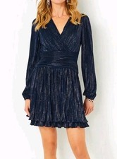 LILLY PULITZER Navy Metallic Crinkle Pleated Jessamie VNeck Long Sleeve Dress 6
