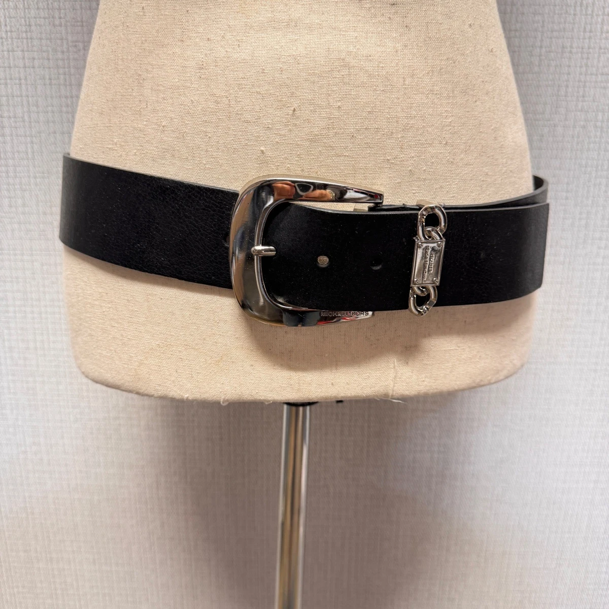 MICHAEL KORS New MK Logo Chain Leather Belt Black Silver 3 Layers On Front 42\