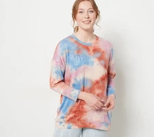 LOGO by Lori Goldstein Lounge Tie-Dye Brushed Jersey 3/4-Sleeve Top Persimmon XS