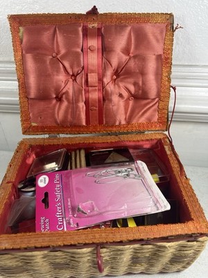 Vintage Sewing Basket Lot Japan Wicker w/ Thread Needles Singer Notions & Extras