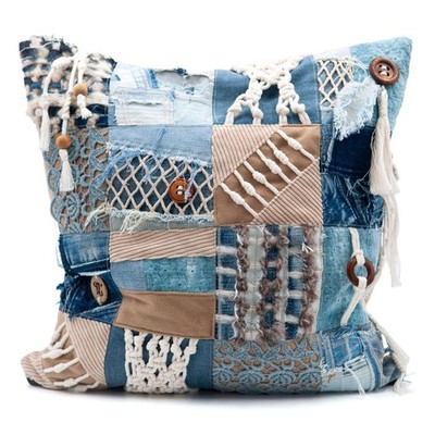 Boho Kissenhülle mit Tasche 40 x 40 - UPCYCLING Jeans-Patchwork-Kissenbezug