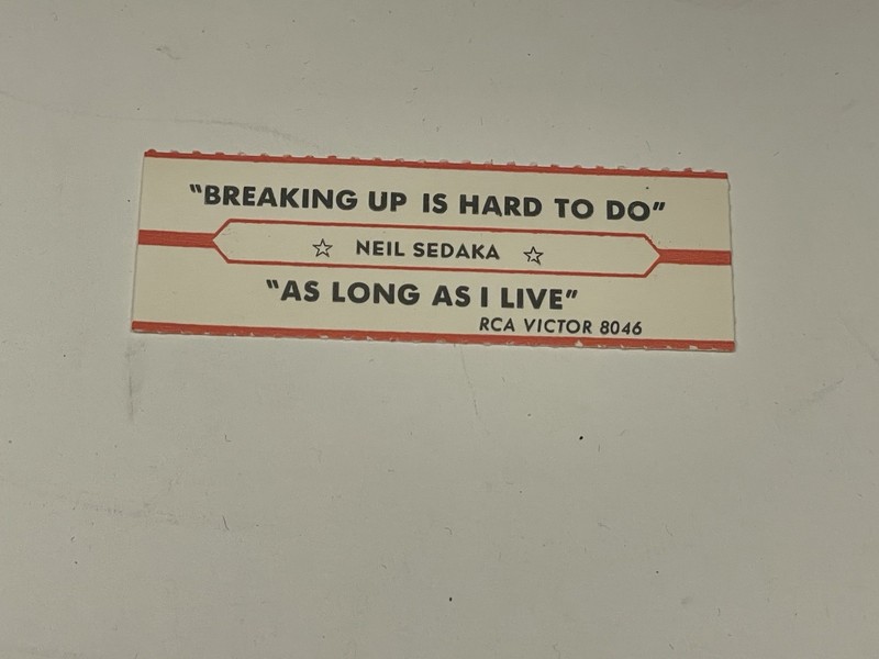 Jukebox Title Strip Neil Sedaka Breaking Up Is Hard To Do As Long As I Live RCA
