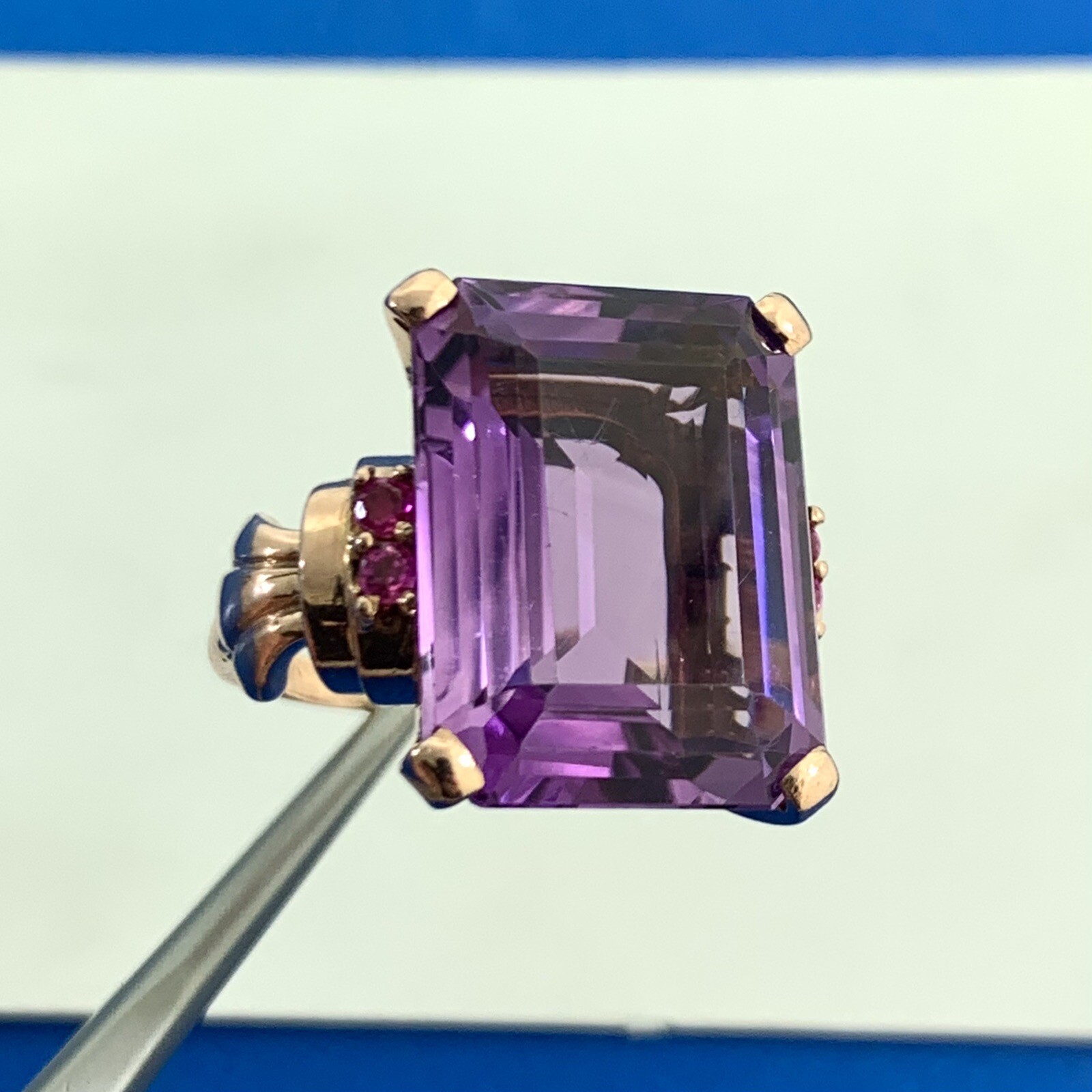 Estate Emerald Cut Amethyst Ruby Accents 14K Rose… - image 4