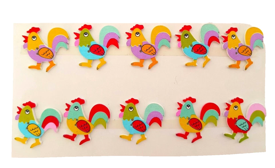 NEW 10 Rooster Buttons Mixed Lot Flat 1" Very Colorful 2 Holes Sewing Crafting - Image 2 of 4