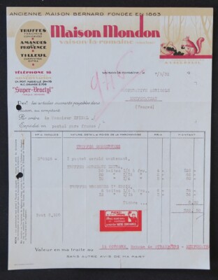 Rechnung VAISON LA ROMAINE 1932 MAISON MONDON TRÜFFES illustriert 68