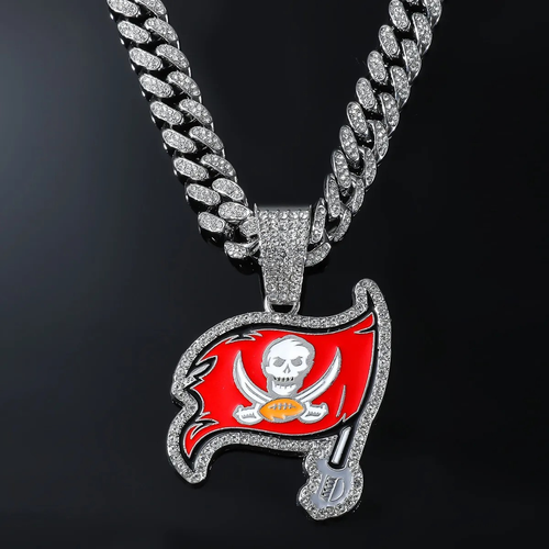 Silver Iced Out Buccaneers Tampa Bay Pirate Flag Pendant on Cuban Link