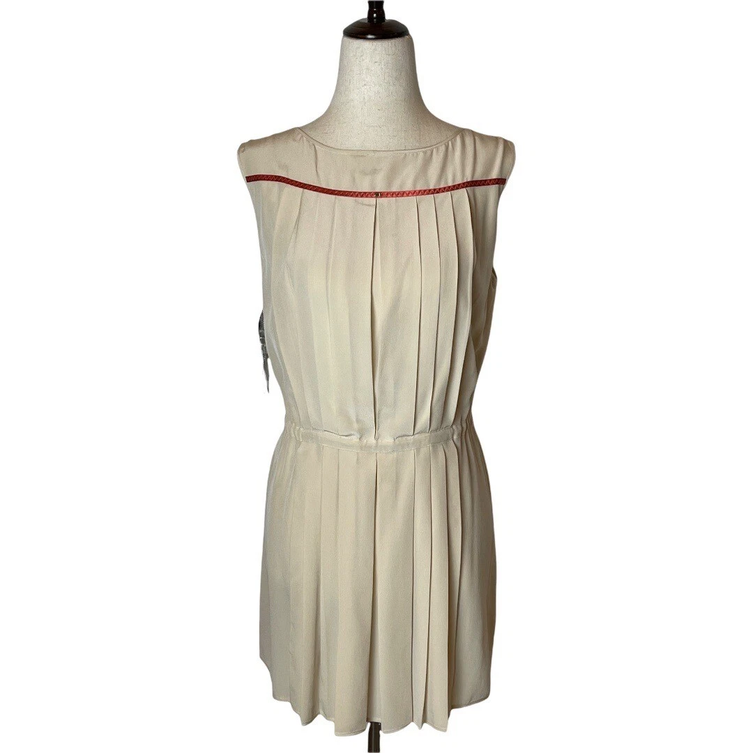 Max Mara Falesia Cream And Red Trim Silk Pleated Hi Lo Hem Tunic