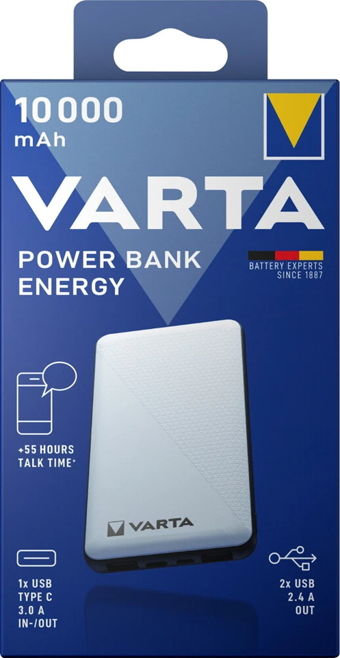 Varta Powerbank mobile Ladestation Energy 10000 mAh Typ A / Typ C USB OUT weiß - Bild 1 von 1