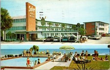Postal publicitaria de piscina Safari Beach Motel Daytona Beach Florida 3U