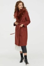 H&m Premium Quality Rust Red Wool Blend Mix Fur Collar Coat. Belted Size 14 / 42