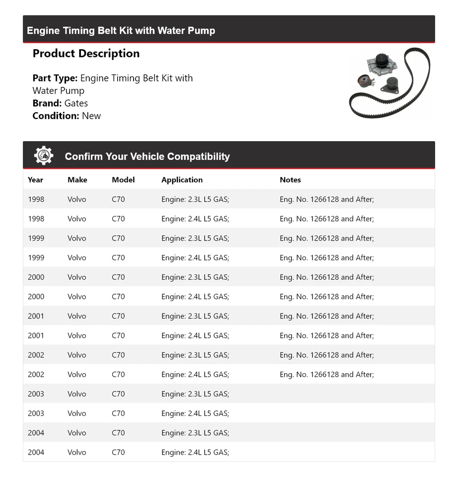 Kit de correa de distribución de motor Volvo C70 1998-2004 con puertas de bomba de agua 1999 2000 Foto 2 de 4