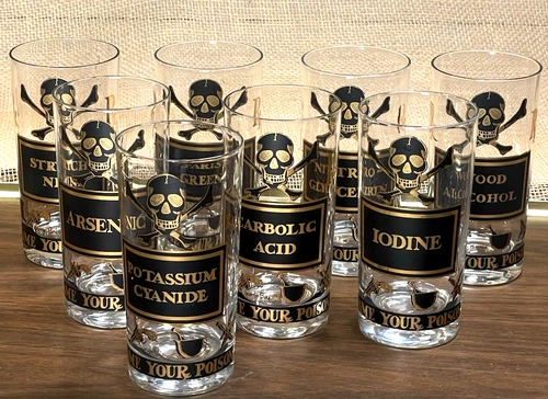 Vintage Georges Briard Name Your Poison 8 Highball Glasses