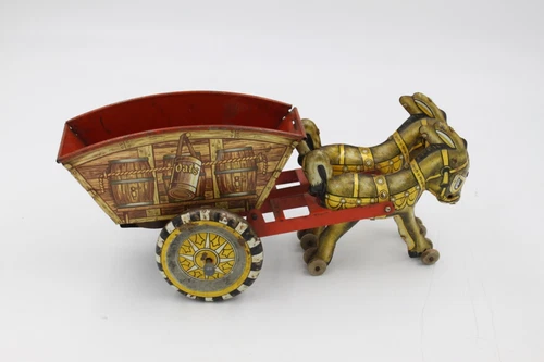 MARX 10 Inch Long Tin Toy Wind Up Cart W/ 2  Donkey's -Missing Figure -Works!