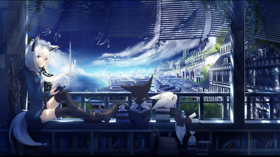 Anime girls cat girl tail animal ears white hair long Custom Gaming Mat Desk