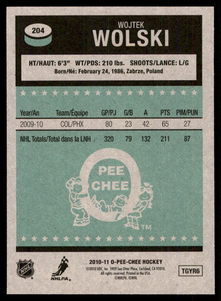 2010-11 O-Pee-Chee Retro Wojtek Wolski Phoenix Coyotes #204 - Image 2 of 2