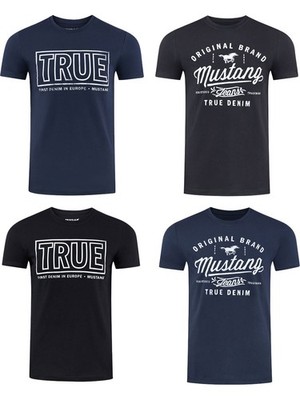 Mustang Herren 4er Pack T-Shirt Print Rundhals Kurz Blau Schwarz Grau Weiß Grün