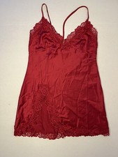 Women's Red Satin Lace Chemise Slip Nightgown XS/S Adj Straps 100 Poly