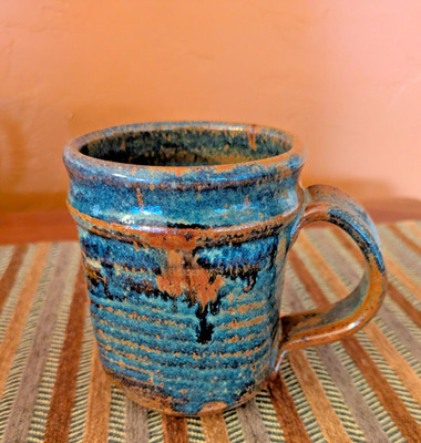 Handmade Studio Pottery Mug Blue & Brown Drip Glaze Signed ~ Excellent