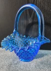 Vintage Fenton Colonial Blue Hobnail Glass Basket Ruffled Edge Hand Made