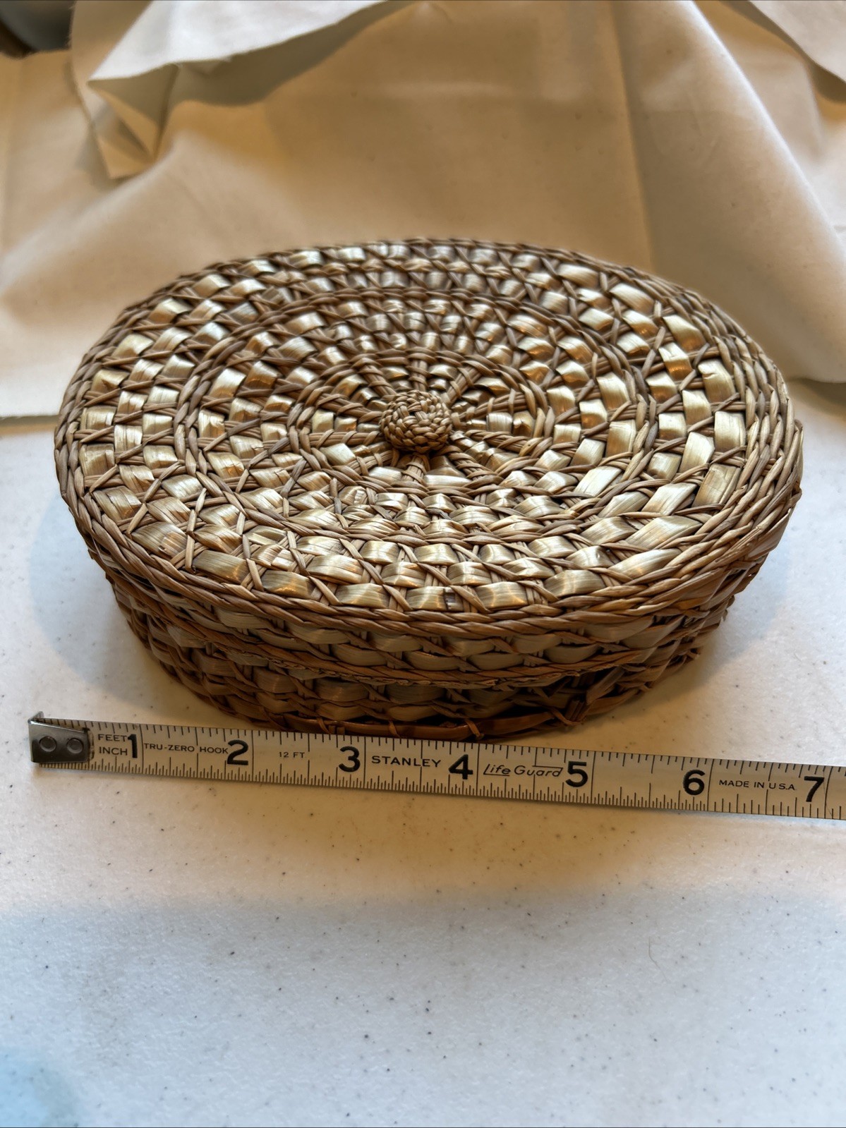 Antique Sewing Woven Reed Basket With Notions Early 1900's
