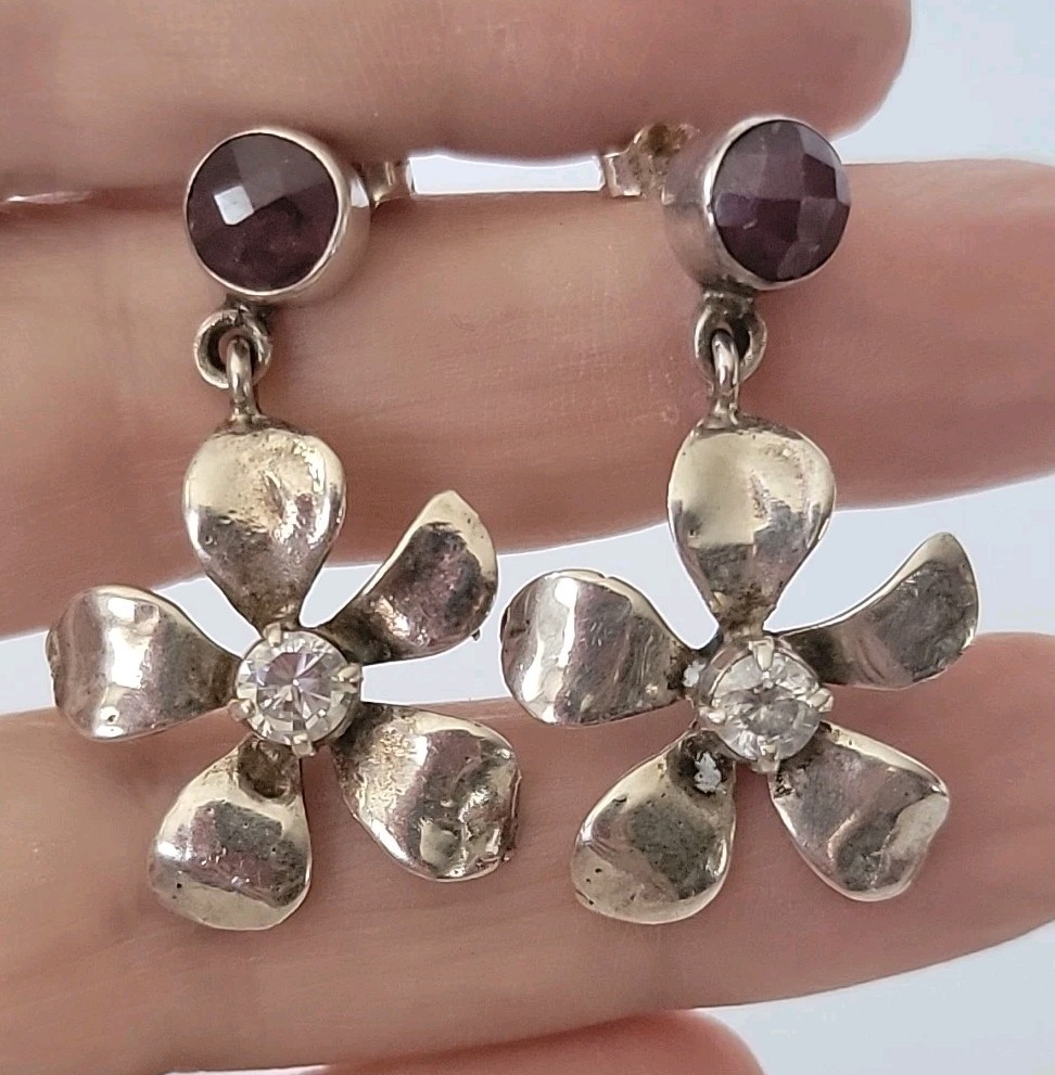 Vintage Ruby Gemstone Sterling Silver Dangle Flow… - image 1