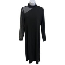 DKNY Black Mock Neck Mesh Sleeve Midi Dress Feminine Minimalist Size Medium