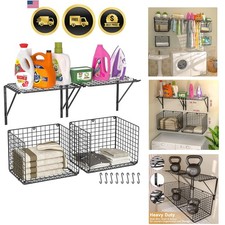 2 Pack Laundry Room Shelves, Wire Baskets with 8 Hooks, Over Washer and Dryer...