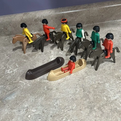 Vintage Geobra Playmobil Lot of 7 Figures 6 Horses 2 Canoe People Cowboy Indian