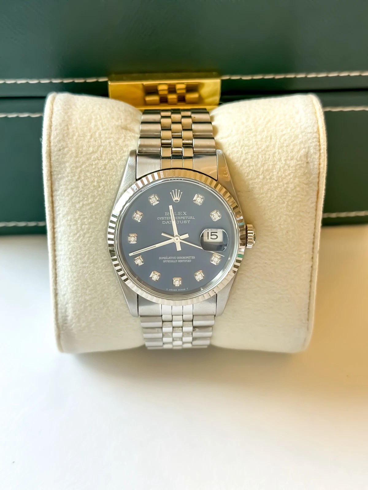 MENS ROLEX DATEJUST 16234 BLUE DIAMOND DIAL 18K WHITE GOLD STAINLESS STEEL WATCH
