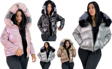 Puffer Jacket Bubble Shiny Ladies Wet Look Pvc Pu Faux Hooded Reversible Coat