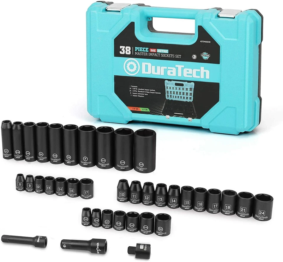 DURATECH 38 Piece Drive Impact Socket Set 1/2" & 3/8" Metric/SAE Shallow Sockets - Image 2 of 4