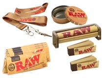 Authentic Raw Rolling Paper 11/4 Size Bundle, Roller+Papers+Tip+Tin
