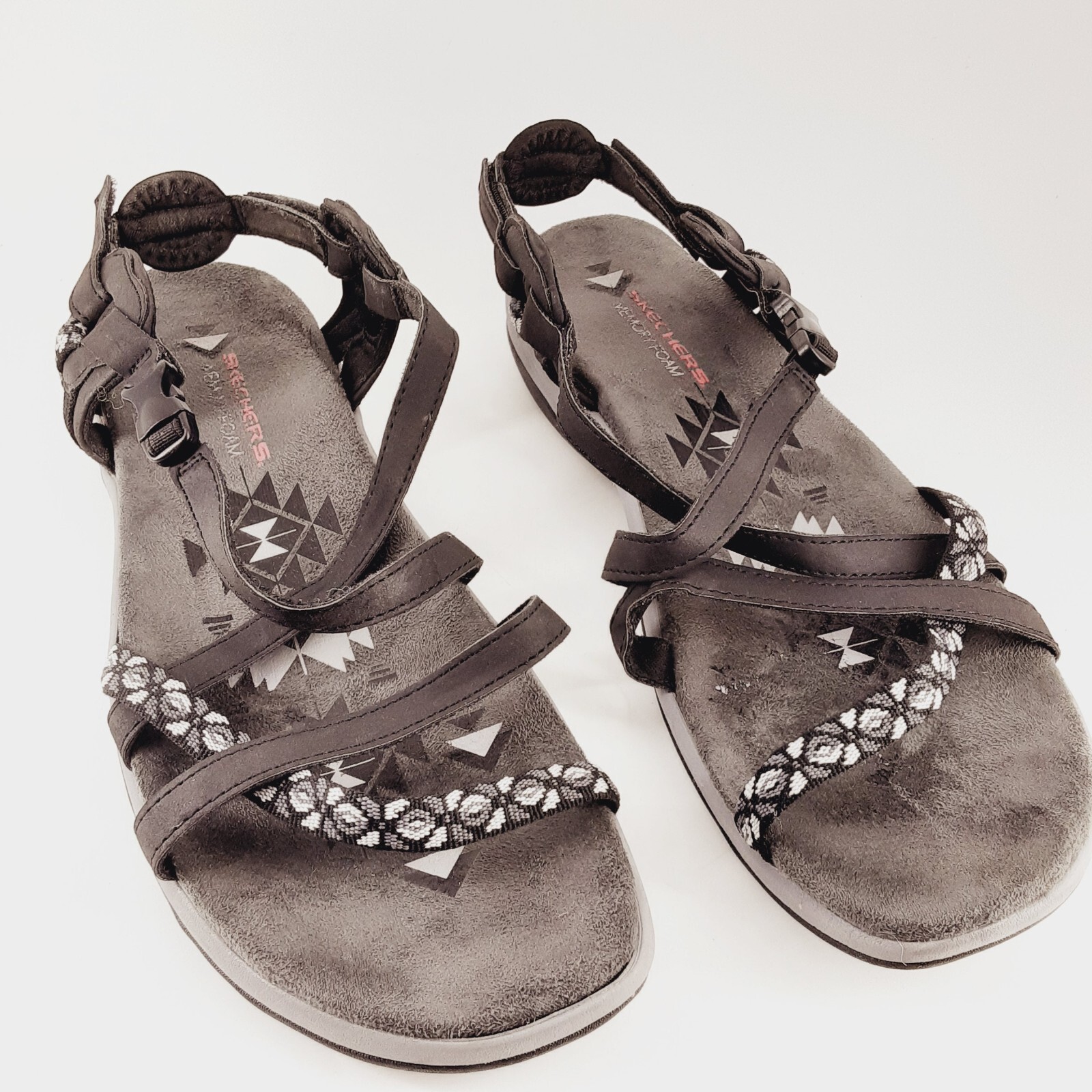 Skechers Womens Sandals US 11 Reggae Slim Vacay Strappy Mem Foam Black Gray