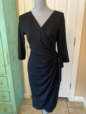 BERYDRESS, NWT, BLACK STRETCHY, V-NECK, RUCHED, FAUX WRAP, 3/4'' SLEEVE DRESS, S