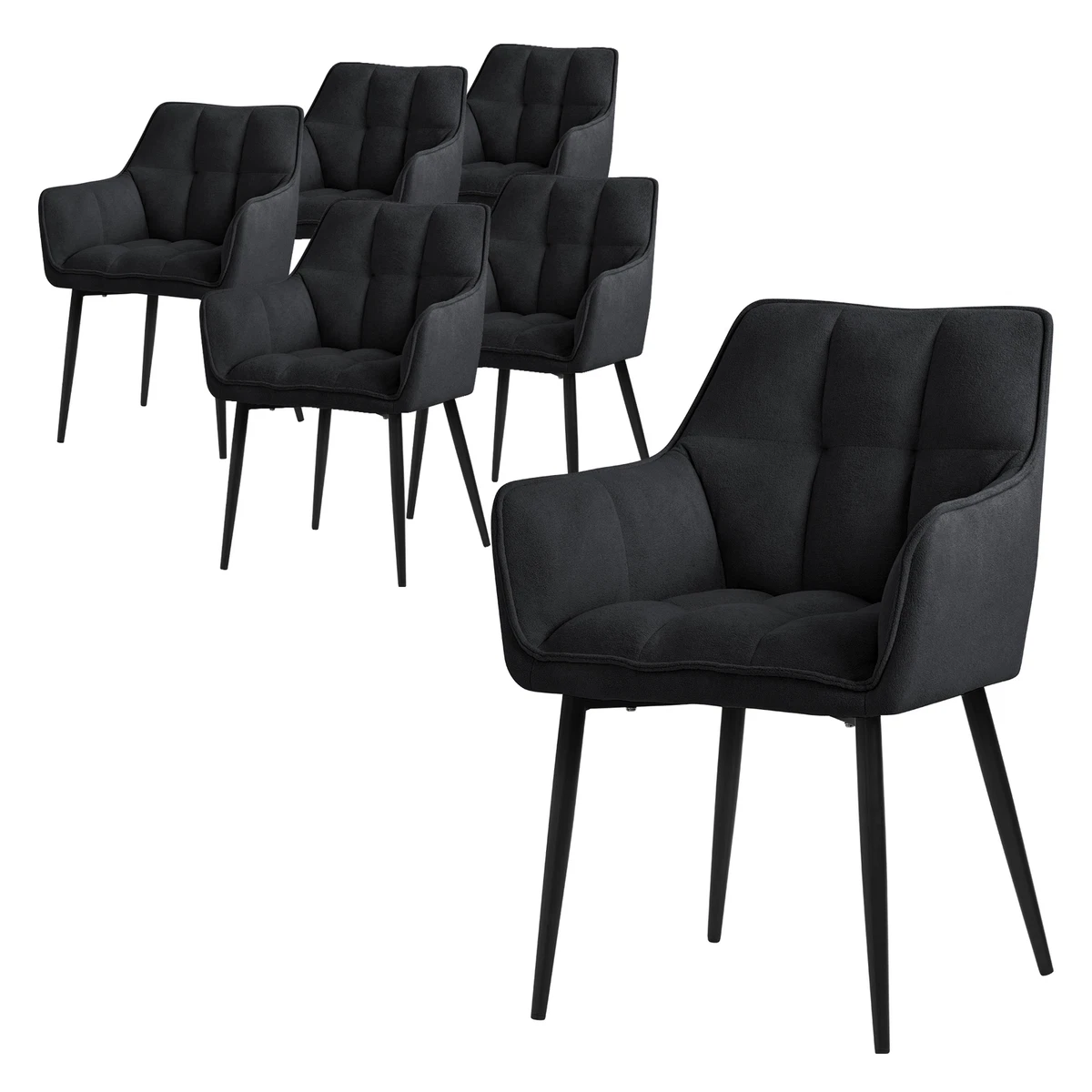 6x Sillas de comedor negras de tejido de rizo asiento ergonómico con patas metal