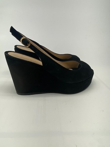 Stuart Weitzman Womens Riviera Suede Black Wedge Slingback Peep Toe Sandal Sz 10 - Picture 7 of 10
