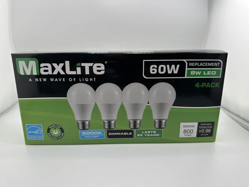 Maxlite Dimmable LED 8W Daylight Light Bulb A19 60W Replacement 5000k - 12 PACK - Picture 2 of 3