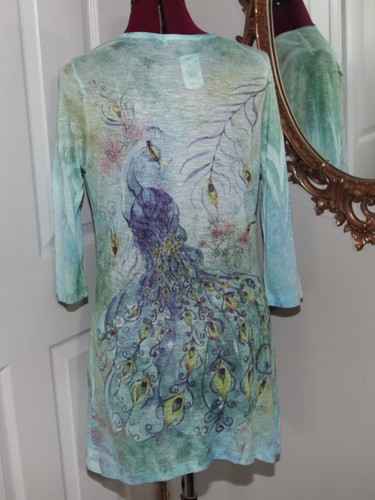 Studio Gem E Womens Tunic Top Size S Peacock Bird Print Beads ¾ Sleeves New W/ T - Picture 2 of 8