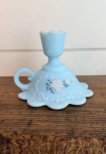 Fenton-Vtg Blue Satin Glass Hand Painted Candle Holder-Finger Loop-Artist Signed