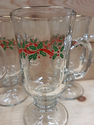 4 Libbey Irish Coffee Mug Glass Christmas Holly Berry Red Ribbon Gold Rim Footed