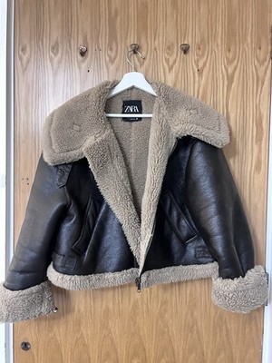 ZARA DOPPELSEITIGE BIKER JACKE KUNSTLEDER SHEARLING FELLMANSCHETTE FLIEGER CROP MANTEL