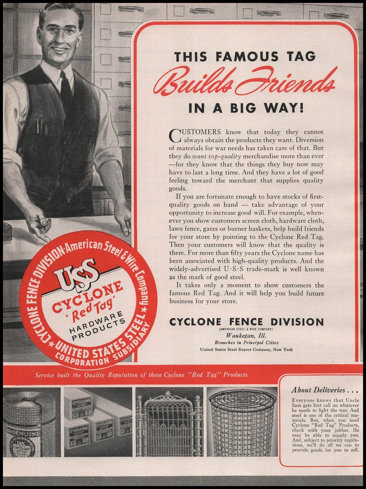 1942 Cyclone Fence Waukegan Illinois US Steel Red Tag Fence Products Print Ad